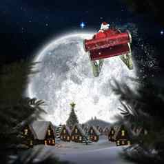 复合图像圣诞老人飞行雪橇