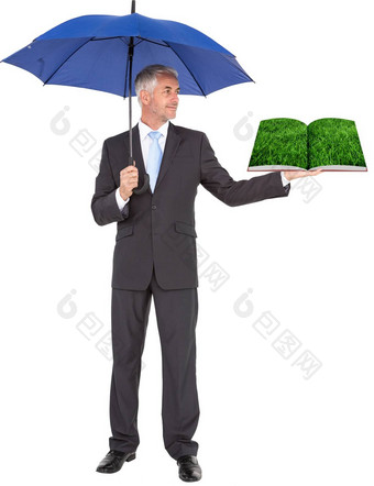 男人。持有伞草坪上书