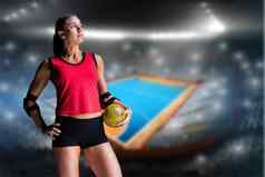 复合图像女运动员肘垫持有手球