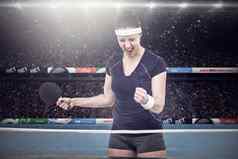 复合图像女表格网球球员摆姿势胜利