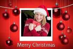 快乐女人圣诞节消息红色的背景designlying圣诞老人雪橇设计