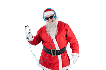 圣诞老人老人听音乐移动手机