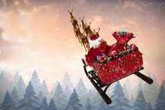 复合图像高角视图圣诞老人老人骑雪橇圣诞节