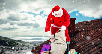 复合图像圣诞老人老人填充礼物盒子袋