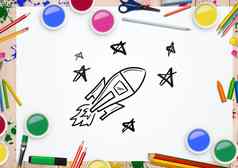 火箭星星画纸包围水彩铅笔