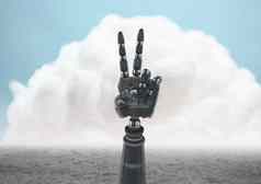 机器人手显示和平标志多云的天空背景