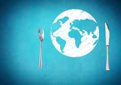 复合图像厨房餐具地球地图蓝色的背景