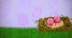 复合图像粉红色的复活节鸡蛋人工巢
