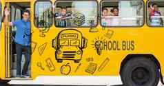 数字生成的图像图标老师学生挥舞着手学校公共汽车