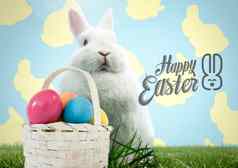 快乐复活节文本复活节兔子篮子前面模式