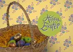 快乐复活节文本复活节鸡蛋篮子前面模式