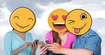 数字生成的图像朋友脸覆盖表情符号聪明的手机天空