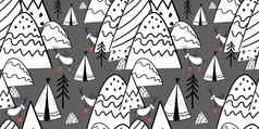 北部森林插图人风格程式化的山斯堪的那维亚打印行画无缝的模式孩子们