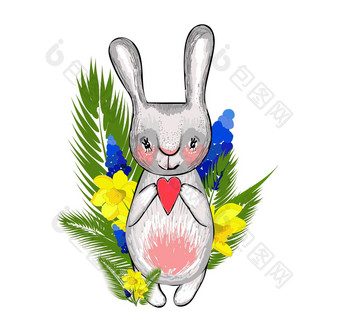 复活节兔子春天花元素设计春天横幅海报孤立的白色背景