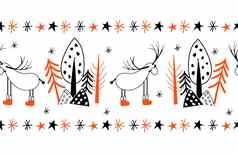斯堪的那维亚鹿无缝的磁带壁纸包装纸床上用品设计驯鹿可爱的字符民间传说风格