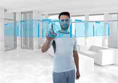 未来主义的房间接口运动男人。蓝色的接口人类身体