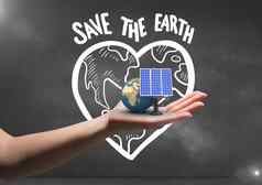 太阳能面板地球手黑色的墙背景保存地球涂鸦