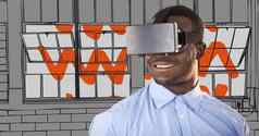 业务男人。虚拟现实耳机灰色橙色手画窗户