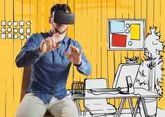男人。虚拟现实耳机坐着黄色的手画办公室
