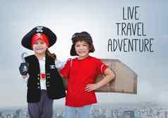 生活旅行冒险文本孩子们海盗飞行员服装城市
