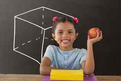 快乐学生女孩表格持有苹果灰色黑板上学校教育图