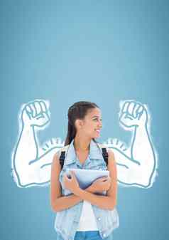 学生女人的拳头图形站蓝色的背景