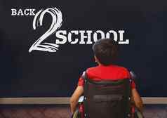 回来学校文本黑板上禁用男孩轮椅