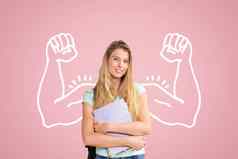 快乐学生女人的拳头图形站粉红色的背景