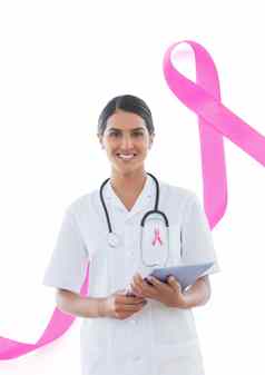 医生女人乳房癌症意识丝带