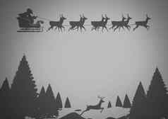 圣诞老人驯鹿的冬天景观灰色背景