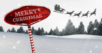 快乐圣诞节文本木路标圣诞节冬天景观圣诞老人的雪橇瑞迪