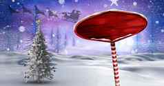 木路标圣诞节冬天景观圣诞老人的雪橇驯鹿的圣诞节树