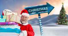 圣诞节文本圣诞老人持有礼物木路标圣诞节冬天景观克里斯