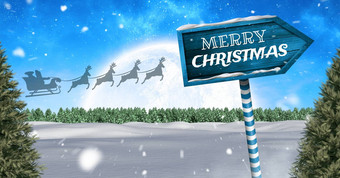 快乐圣诞节<strong>文本</strong>木路标圣诞节冬天<strong>景观</strong>圣诞老人的雪橇瑞迪