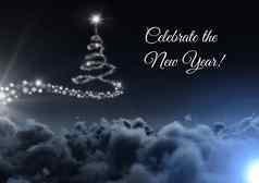 庆祝一年文本雪花圣诞节树模式形状发光的天空