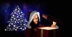 女人圣诞老人开放礼物雪花圣诞节树模式形状