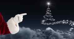 圣诞老人指出雪花圣诞节树模式形状发光的天空