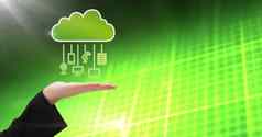 手云图标挂连接设备绿色矩阵技术背景