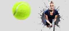 复合图像网球球员玩网球球拍