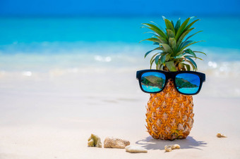 眼镜菠萝位于海滩海热太阳设置概念夏天