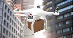 无人机飞行城市建筑交付包裹盒子
