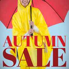 复合图像女人黄色的雨衣持有伞