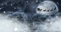 圣诞老人飞行雪橇驯鹿云月亮