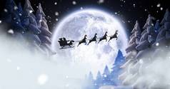 圣诞老人飞行雪橇驯鹿冬天森林月亮