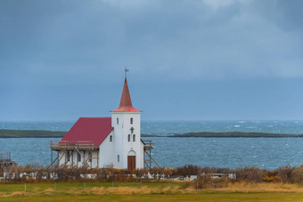 木教堂冰岛关闭大西洋海岸狂风暴雨的天气