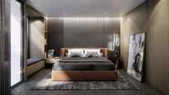 室内设计现代奢侈品卧室双床上呈现