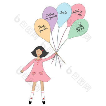 卡通女孩持有气球积极的口号