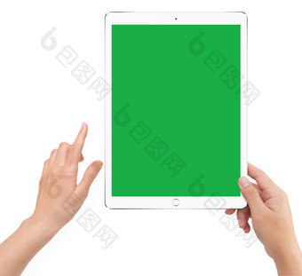孤立的人类手持有绿色屏幕白色平板电脑电脑及相关知识