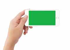 孤立的人类左手持有绿色屏幕白色移动电话