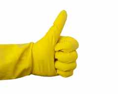 黄色的橡胶手套清洁显示手势白色